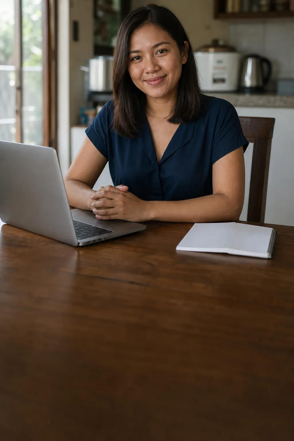 Young Filipina career shifter studying at the dining table with a laptop.